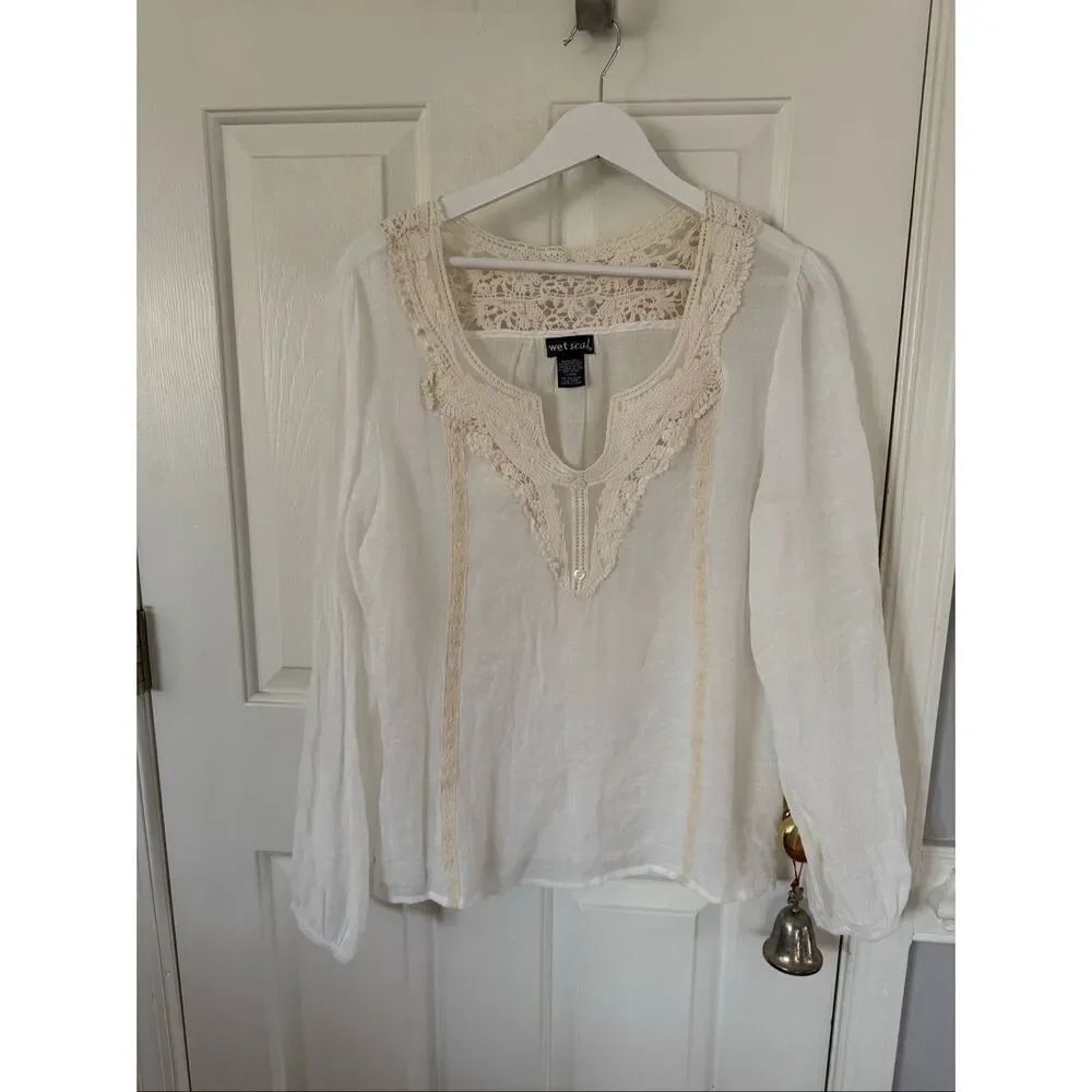 Wet Seal Y2K White w/ Lace Boho Peasant Blouse sz XL EUC